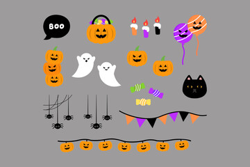 Halloween decoration set. Pumpkin, spider, balloon, ghost, candy, candles, black cat, banner. Holiday celebration, party, october concepts. Flat decorative vector design isolated illustration.
