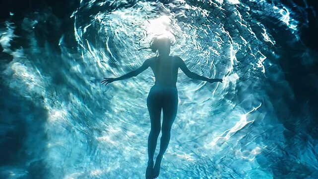 Silhouette of Woman Swimming Underwater in Glowing Pool
