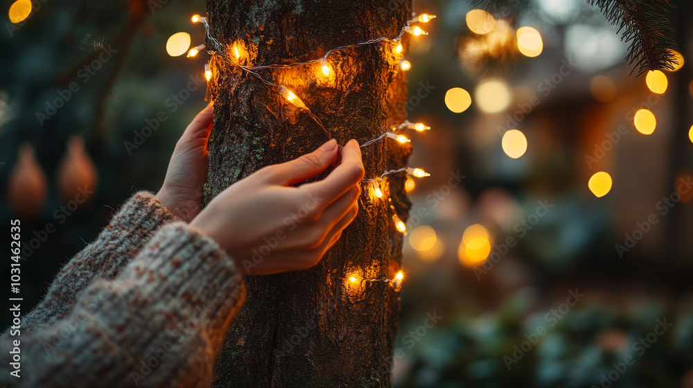 Poster person stringing lights on a tree in soft evening glow