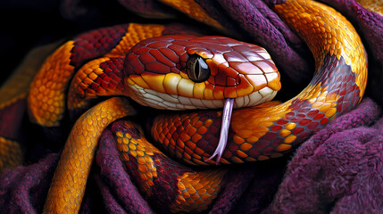 Obraz premium Close-up of a snake in a purple blanket