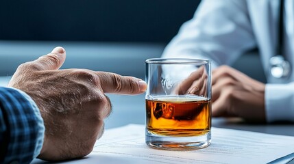 A doctor pointing to warning signs of alcohol addiction on a chart during a consultation, emphasizing the importance of early recognition