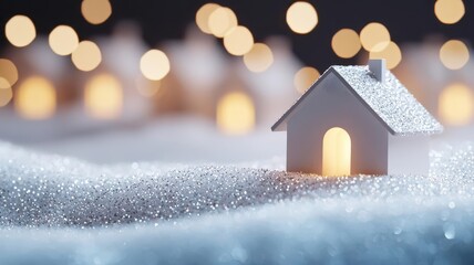 Christmas house with white snow covered village and twinkling holiday lights, peaceful holiday aesthetic landscape