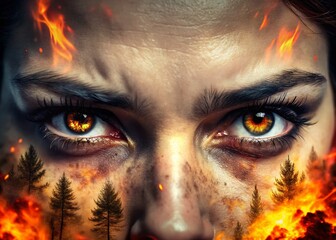 Naklejka premium Intense Closeup of Fiery Eyes Amidst Wildfire - Environmental Crisis Imagery