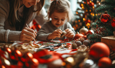 A warm corner filled with arts and crafts supplies for making Christmas ornaments, with a parent and child crafting joyfully