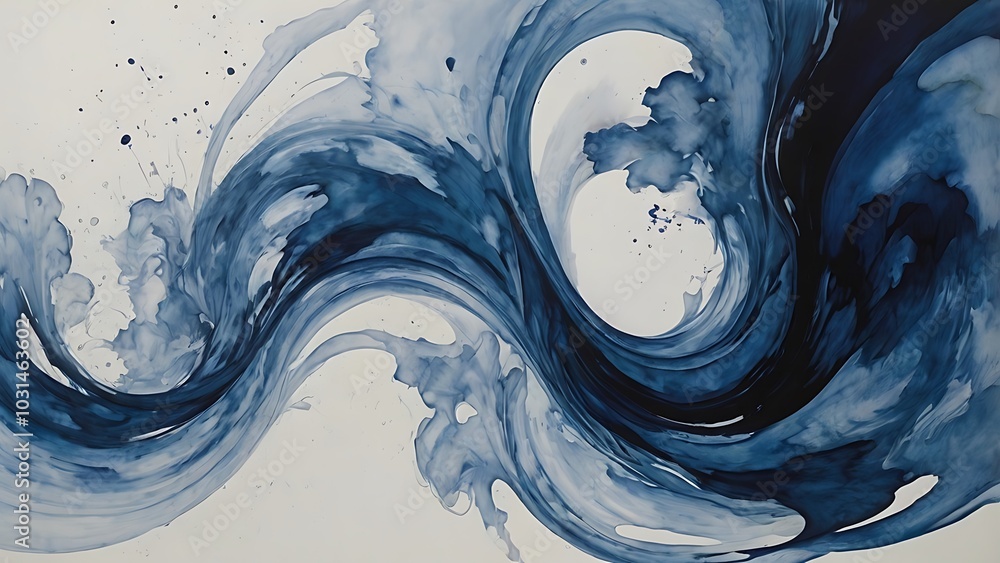Poster abstract painting featuring swirling patterns of deep blue and white with fluid, wave like forms tha