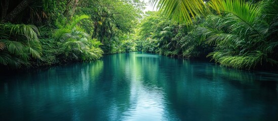 Fototapeta premium A still, blue river winding through a dense jungle, with lush green foliage lining its banks.
