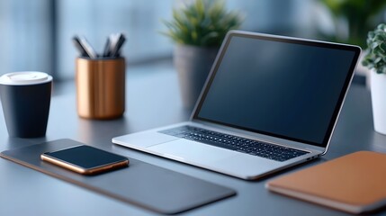 Fototapeta premium Assortment of Contemporary Tech Devices on a Workstation Smartphone Tablet and Laptop Placed Neatly on a Desk Showcasing the of Modern Digital Technology in the Workplace