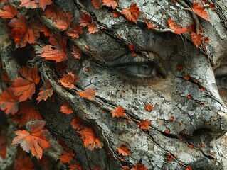 Closeup of a Woman's Face with Autumn Leaves and Tree Bark Texture