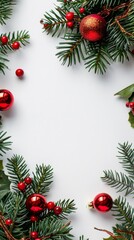 Red Christmas Ornaments and Holly Sprigs on White Background
