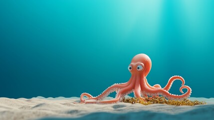 A colorful octopus rests on the sandy ocean floor, surrounded by a serene blue background, showcasing its vibrant form.