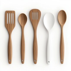 Wooden and plastic kitchen utensils arranged on white background, showcasing spatula, spoon, and ladle. These essential tools are perfect for cooking and serving