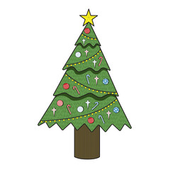 Christmas tree with a star and ornaments, winter holiday season vector illustration