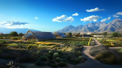 Fototapeta premium A modern, sustainable farm with greenhouses and a path leading towards mountains in the distance.