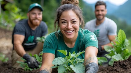 Group of volunteers working together to plant new trees in a deforested area contributing to nature conservation and environmental efforts