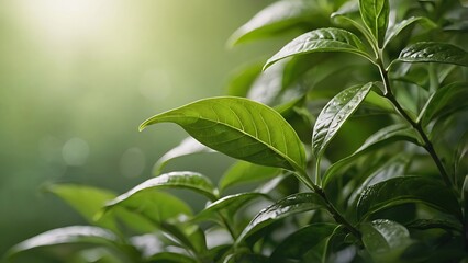 Obraz premium close up photograph of lush green leaves, showcasing a natural and serene style, focused on the leaves, which are prominently displayed in the foreground, with a soft, blurred background 