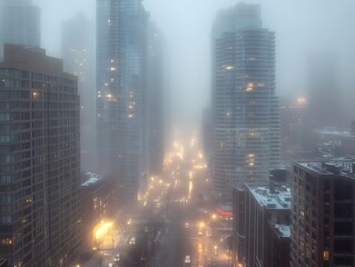Fog in cities: "Dense Fog in Cities Engulfing Skyscrapers at Dawn"