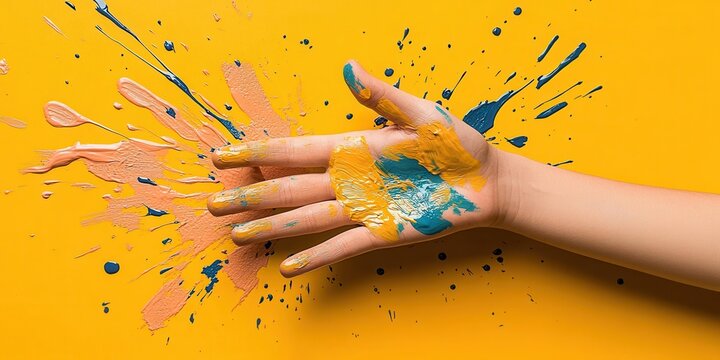 A creative hand splattered with vibrant paint against a yellow background, showcasing artistic expression and colorful splashes.