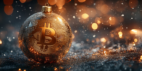 Christmas bauble with bitcoin coin symbol over dark grey glowing and glitter background. Banner with copyspace. Shallow depth of field.