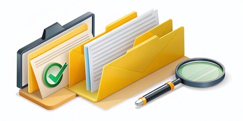 Obraz premium Isometric Yellow Folder with Documents and Magnifier for Data Search Illustration