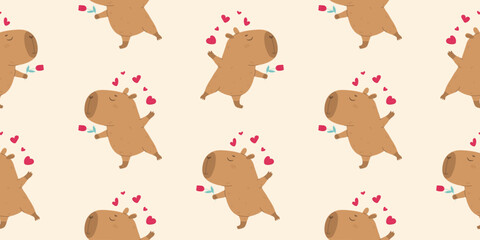 Funny lovely capybara with flower seamless pattern