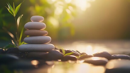 Obraz premium A stack of smooth, gray stones sits balanced on top of other rocks in a serene garden setting at sunset, surrounded by green foliage and a blurred background.