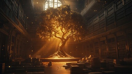 Obraz premium A majestic tree illuminates a grand library, casting a warm glow over ancient books and ornate architecture, symbolizing knowledge and serenity.