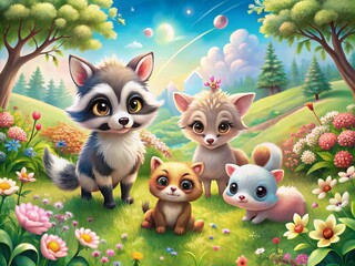 Fototapeta premium Kawaii Animals Vector Icons for Kids - Cute Raccoon, Fox, and Cow Illustrations