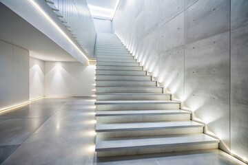 Fototapeta premium Description: White concrete staircase with under stair lighting