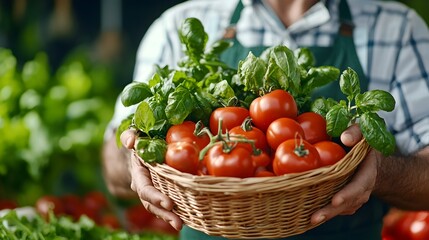 Farmer Holding Basket of Freshly Harvested Produce at Lively Farmers Market Stall Offering Natural Organic Goods to Eager Shoppers