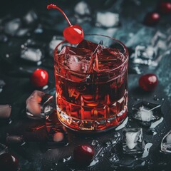 A glass of red drink with ice cubes and a cherry