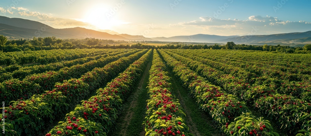 Poster aerial view of a field of red berries with rows of bushes and a sunset in the background.