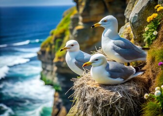 Kittiwake Nesting on Cliff Edge - Stunning Product Photography of Rissa tridactyla in Natural Habitat