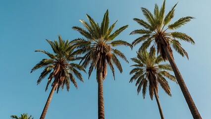 landscape photograph featuring a group of tall palm trees set against a clear, pale blue sky capturing the trees from a low angle, emphasizing their height and slender trunks