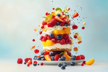 Obraz premium Vibrant Vegan Gluten-Free Dessert Stack with Fresh Fruits
