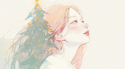 美しい女性とクリスマスツリー