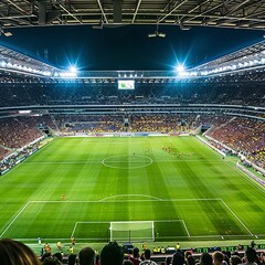 A large stadium with bright lights and green grass