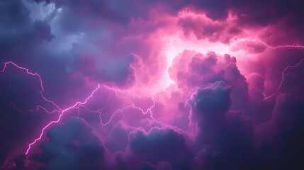 A dramatic sky filled with pink lightning illuminating dark storm clouds creates an intense and atmospheric scene.