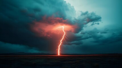 Obraz premium A dramatic lightning bolt strikes through a stormy sky, illuminating the dark clouds and creating a striking contrast of colors.