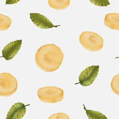 Banana and mint leaves watercolor seamless pattern