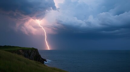 A dramatic lightning bolt strikes the ocean under ominous storm clouds, highlighting the power of nature against a coastal backdrop.