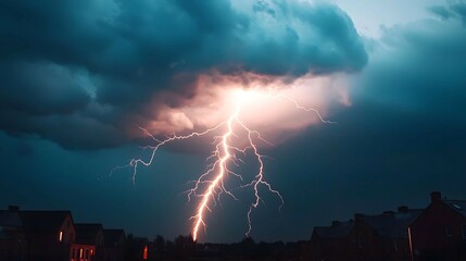 Fototapeta premium A dramatic lightning strike illuminates dark storm clouds above a silhouette of houses, capturing the intense power of nature in a striking display.