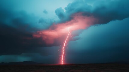 Fototapeta premium A dramatic lightning strike illuminates a dark, moody sky, creating a stunning contrast between the vibrant flash and ominous clouds.