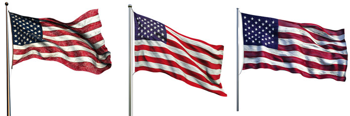 Obraz premium Three American flags waving against a transparent background, symbolizing patriotism and national pride.