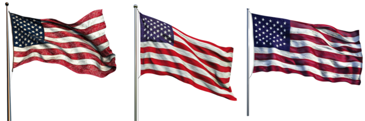 Three American flags waving against a transparent background, symbolizing patriotism and national pride.