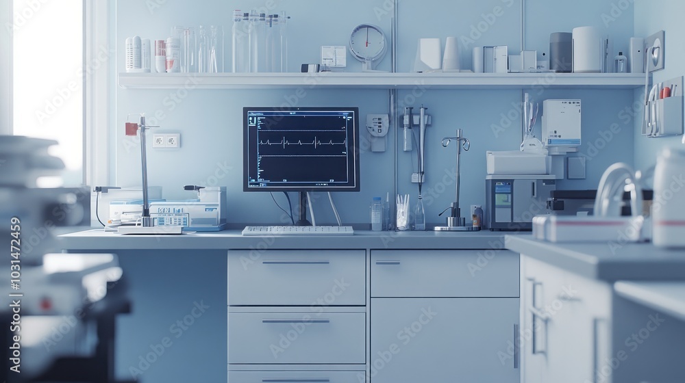 Poster a sterile laboratory workspace with a computer displaying a heart rate monitor, various lab equipmen