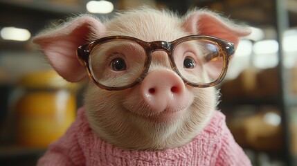 A cute pig wearing glasses and a sweater smiling while being indoors in a cozy farm environment