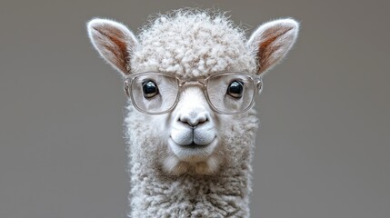 Obraz premium A curious llama wearing glasses poses against a neutral background in a playful display of personality and charm