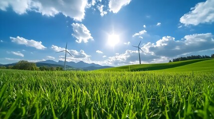 Wind turbines spinning in an open field under a bright sky generating renewable energy and symbolizing the clean power of sustainable technology for a green future