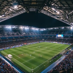 Obraz premium A large stadium with bright lights and green grass