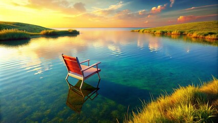 Lonely Chair at Serene Water Landscape - 3D Illustration for Tranquil Spaces
